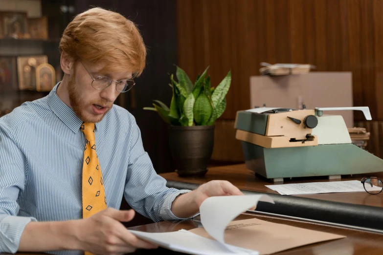 a man wearing a tie sitting at a desk and writing