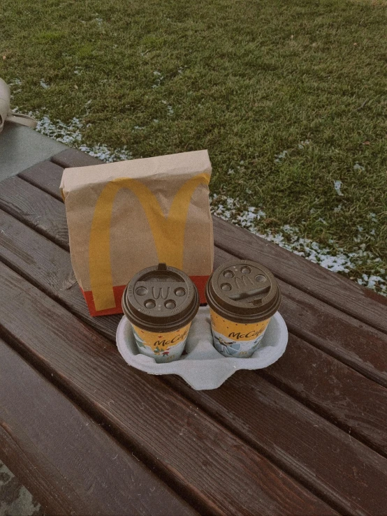 mcdonald's  dog in a paper bag on a wooden bench