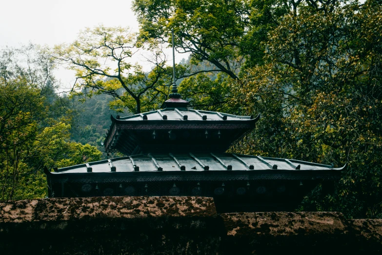 a gazebo in front of a tree filled forest