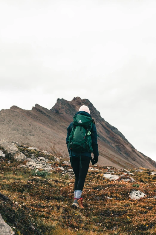 a person hiking in a mountain with a backpack on