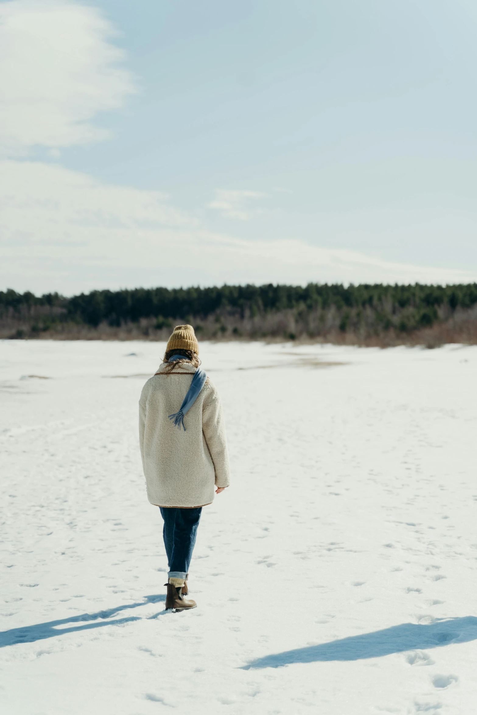 a person standing in the snow with their back to the camera