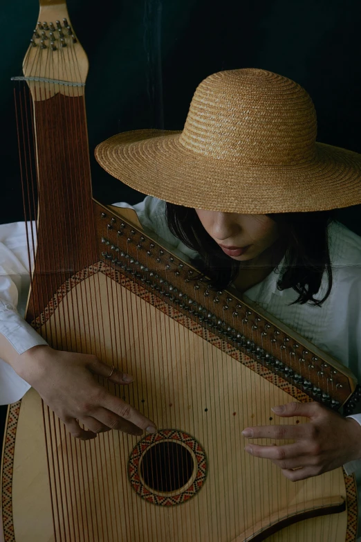 a woman with hat playing a harp, in front of two other instruments