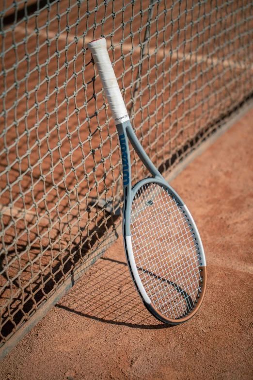 there is a blue and white tennis racket that is stuck inside a net