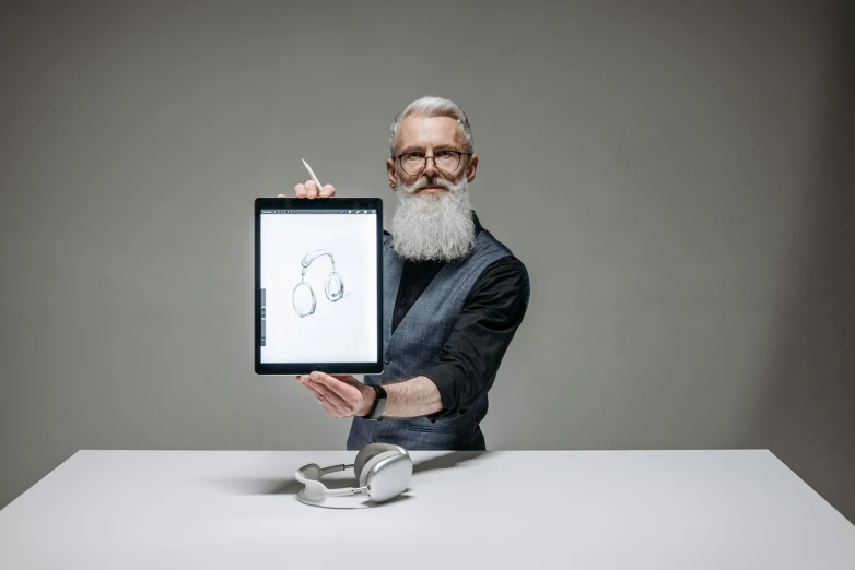 a man is holding up an image with two scissors and a pencil