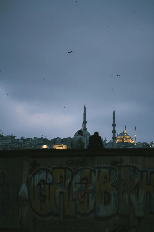 the birds are flying in the night sky above the buildings