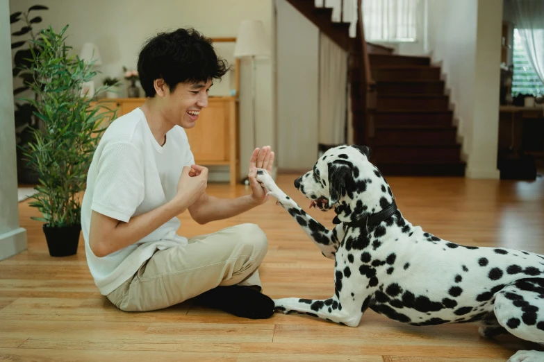 a man holding his hands with his dog sitting on the floor