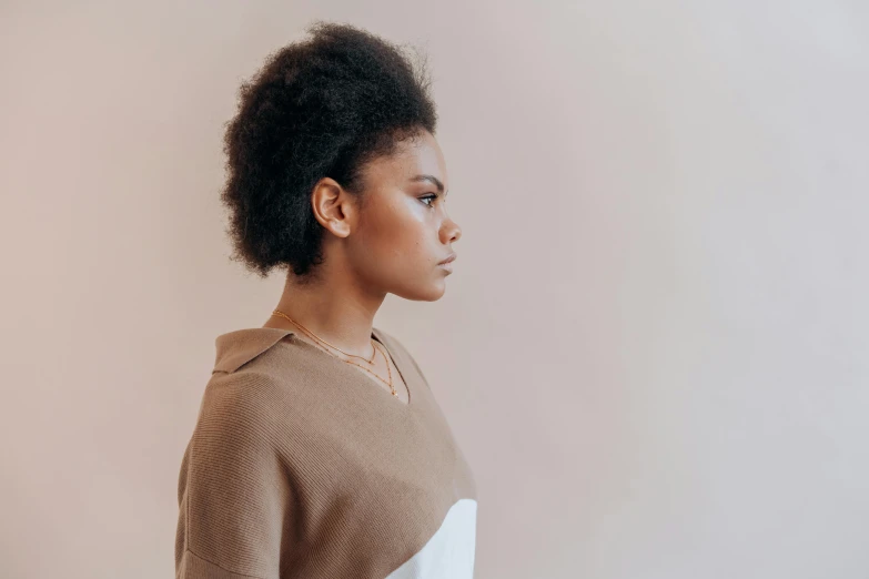 a woman with natural afro hair and a sweater