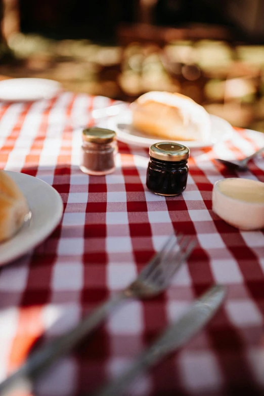 the table has a red checkered cloth and white plates with food on it