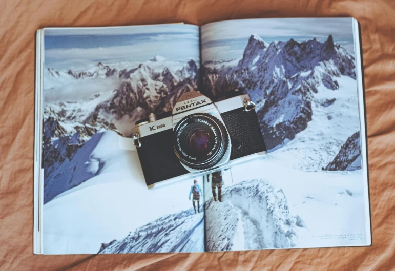 a pobook showing an old camera and mountains