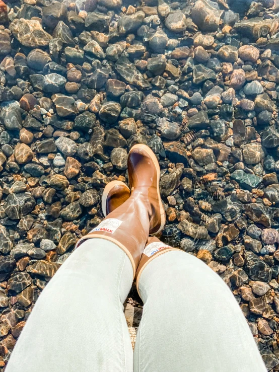 a view of a person standing in water with their feet above the water