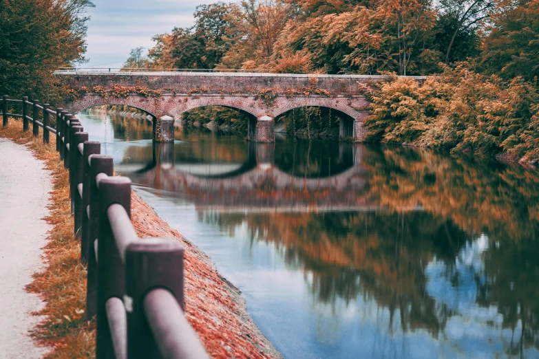 this is a beautiful picture looking at a bridge over water