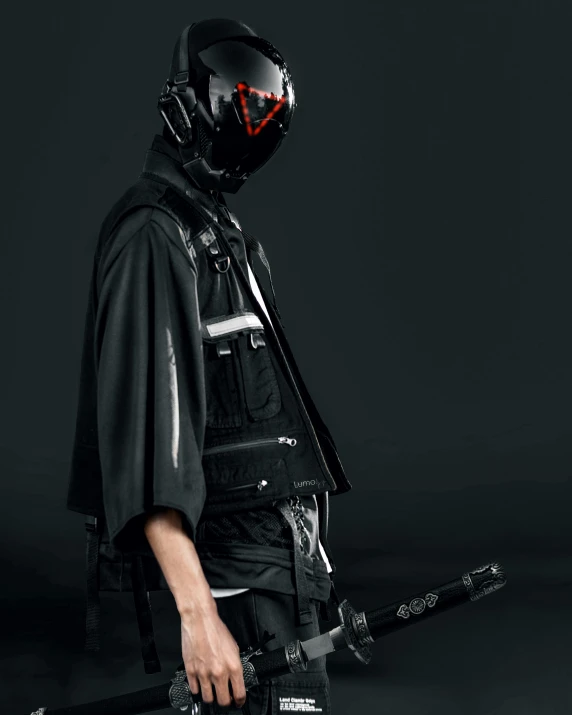 a man wearing a mask and black outfit is holding two swords