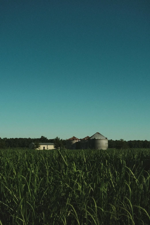 a field with two silos sitting in it