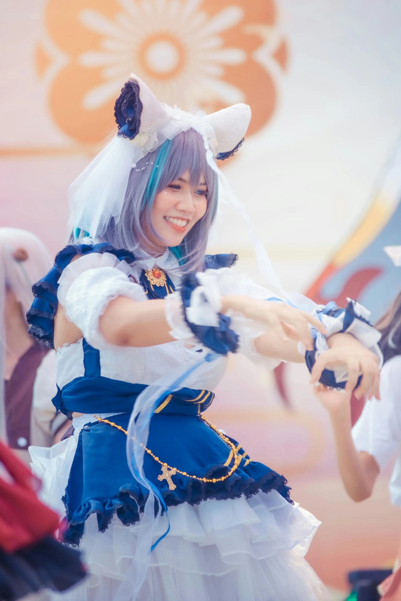 an anime cosplay shows off her costume