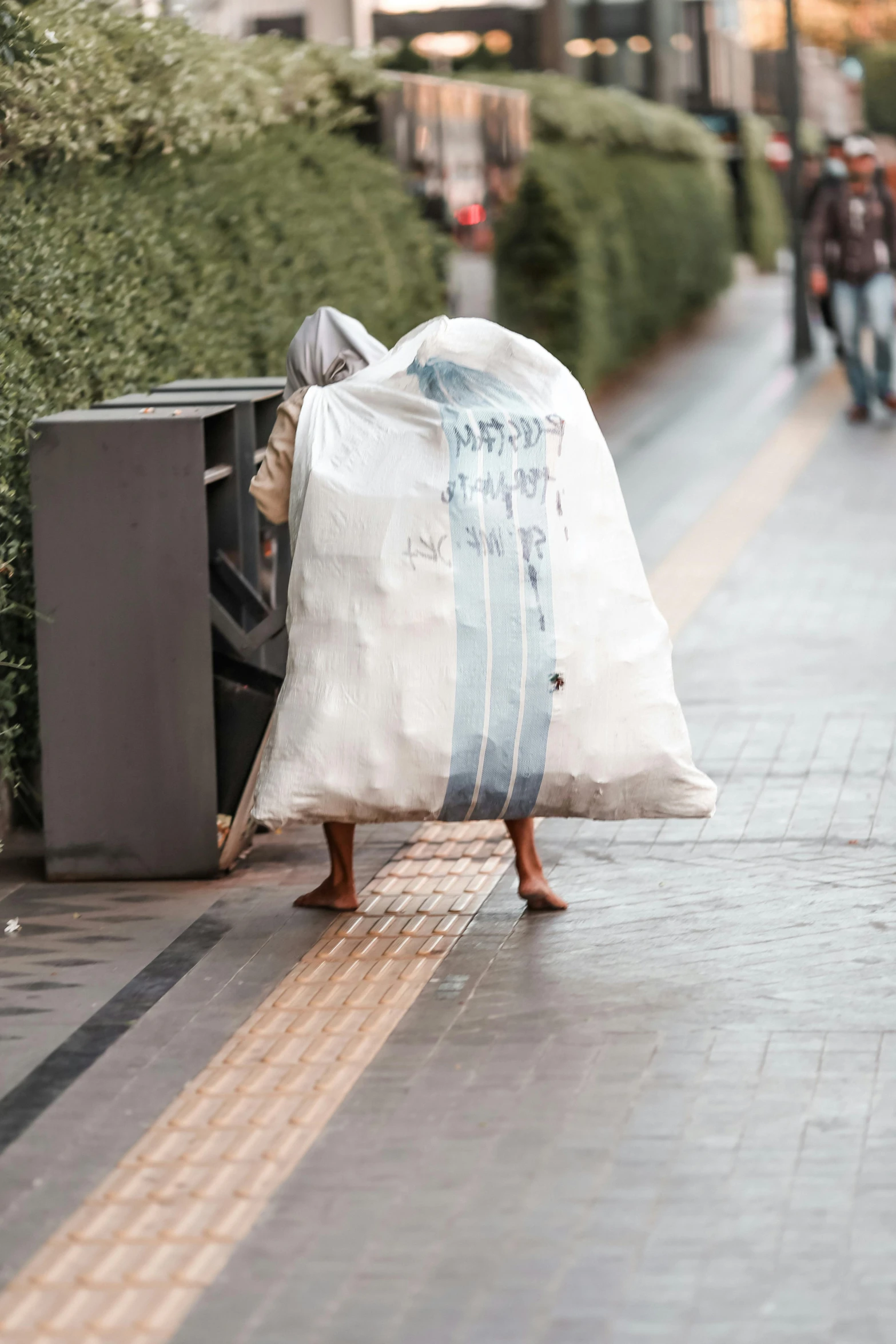 a person carrying bags down a busy street