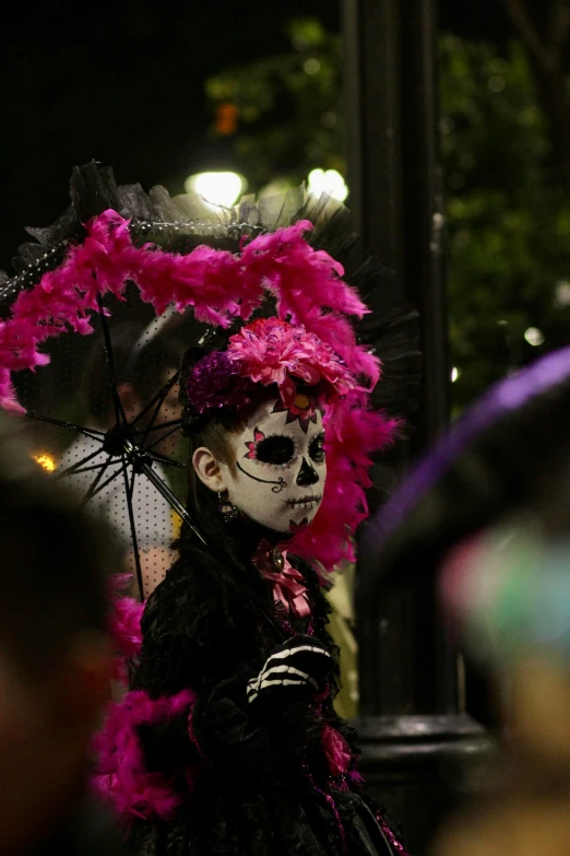 a lady in a skeleton costume with an umbrella