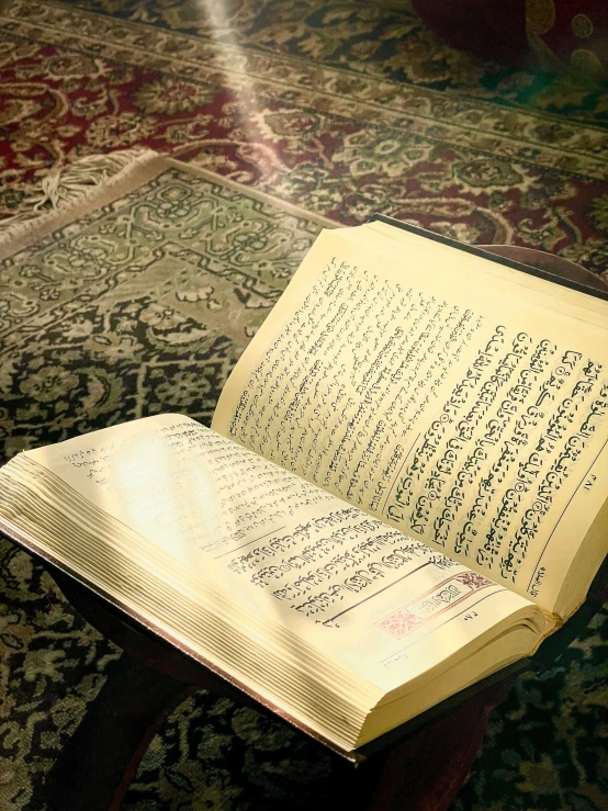 an open book sitting on a table next to an oriental rug