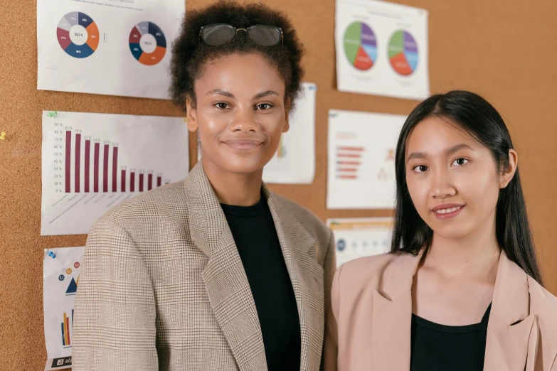 two young women are standing next to each other in front of posters on the wall