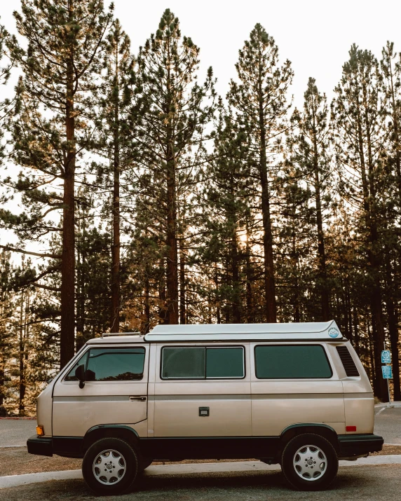 a truck is parked beside some trees in front of it