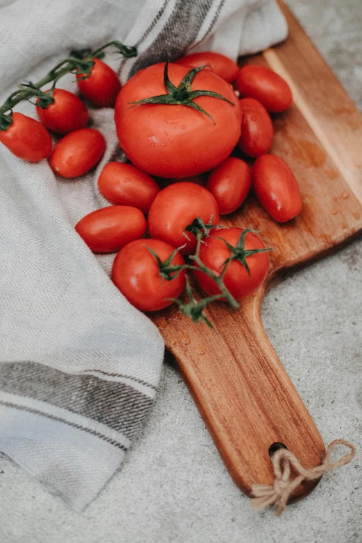 a  board with tomato on top and a gray linen