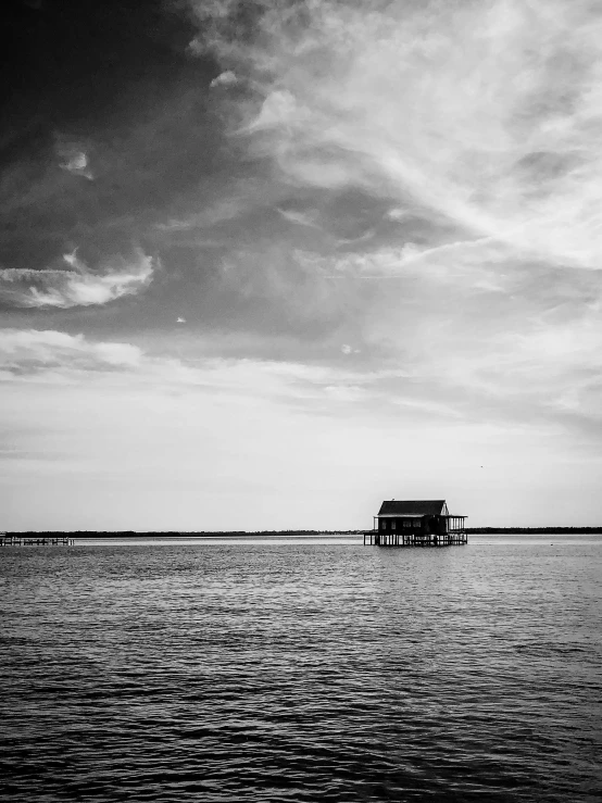 a body of water with a dock and sky