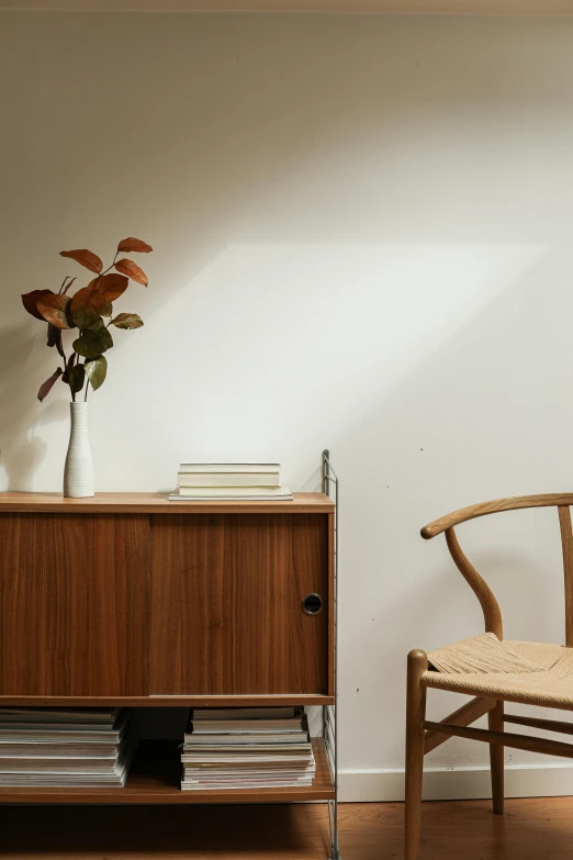 a wooden cabinet sitting in the corner of a room with magazines