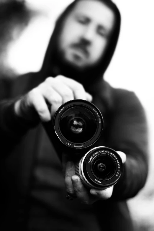black and white po of a man with two camera's on the side
