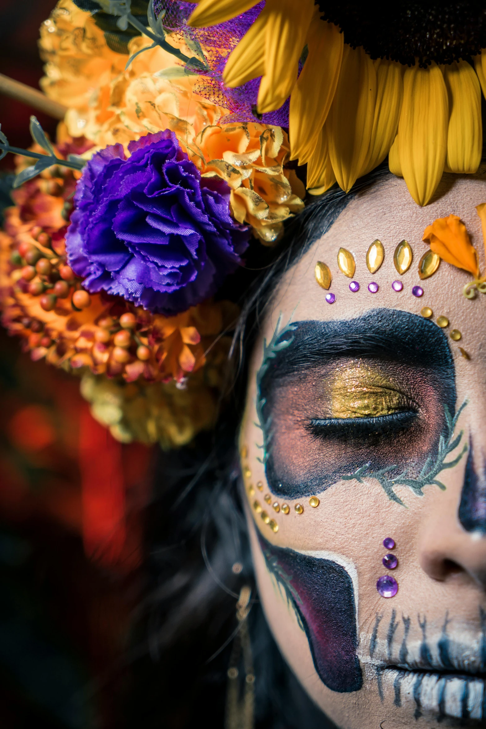 a woman with a sunflower and flower on her head