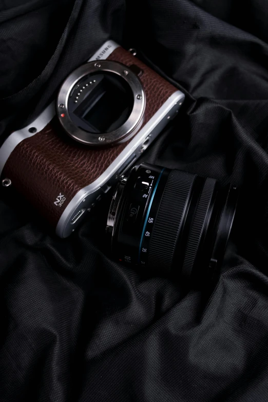 a camera and lens sitting on top of a blanket