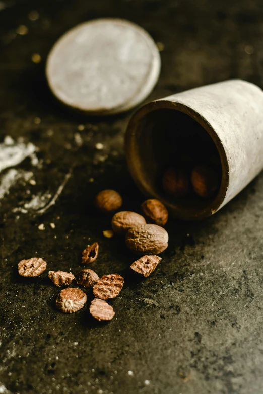 a group of nuts on the ground next to a pipe