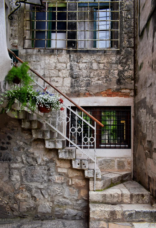 a plant on a balcony next to a stone building