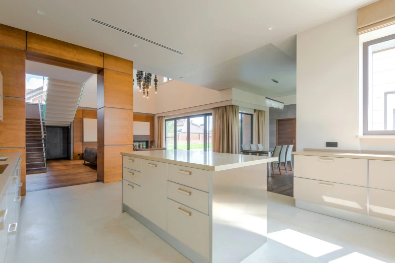 a kitchen with a lot of counter space in it