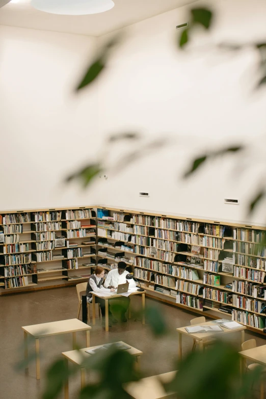 a person sitting in front of a book shelf