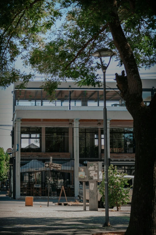 a tree and sign in front of a building