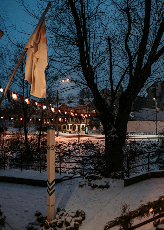 there is a towel hanging from a post on a pole