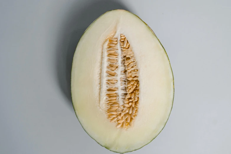 the half eaten slice of a cantaloupe with seeds