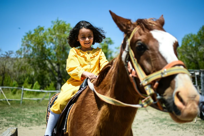 a little girl sitting on the back of a brown horse