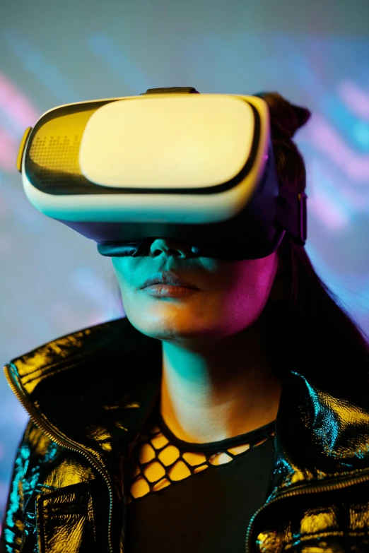 a woman with a yellow vr device on her head