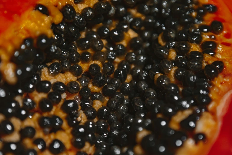 black seeds are gathered on the inside of a pomegranate