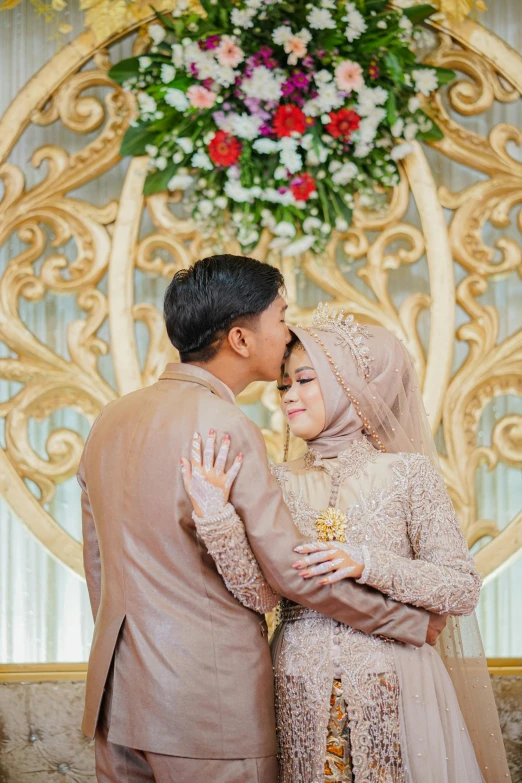 a bride and groom are standing close together