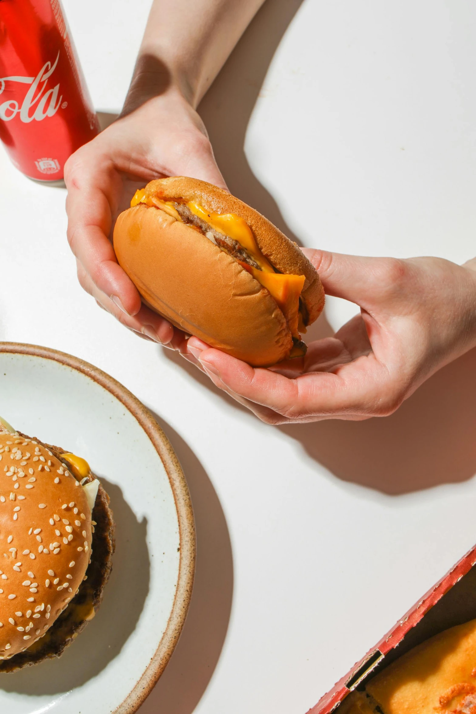 this is someones hands eating a hamburger with cheese