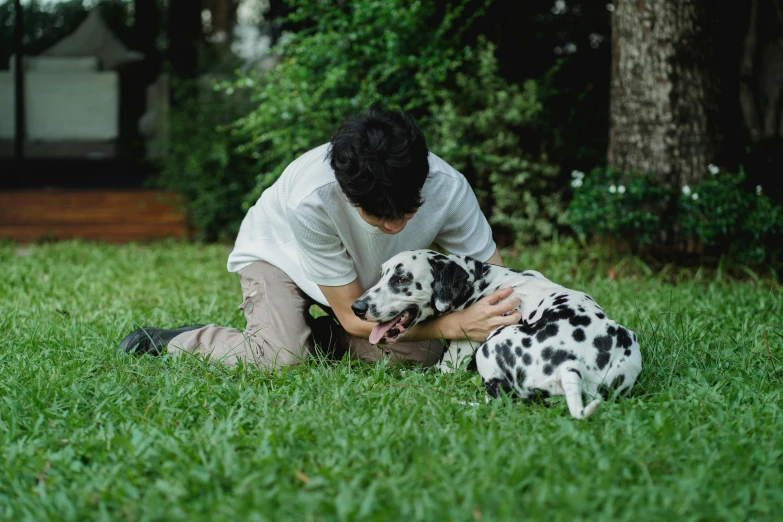 a person in the grass holding a dalmatian puppy