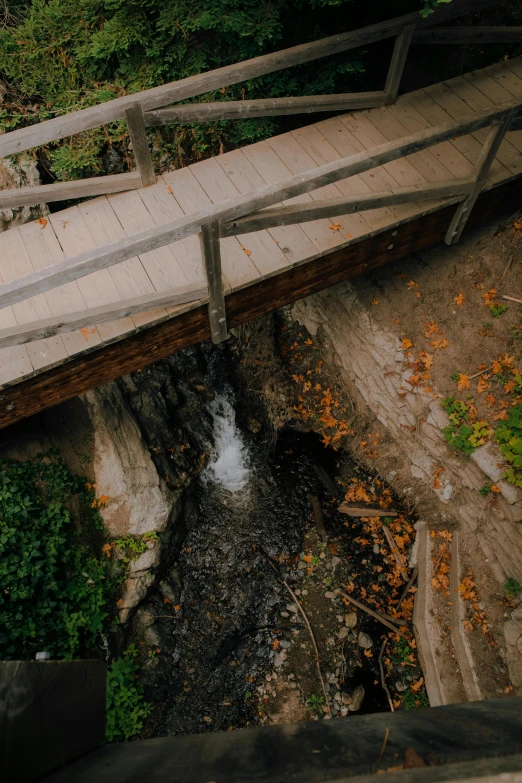 a pedestrian bridge going over the top of a stream