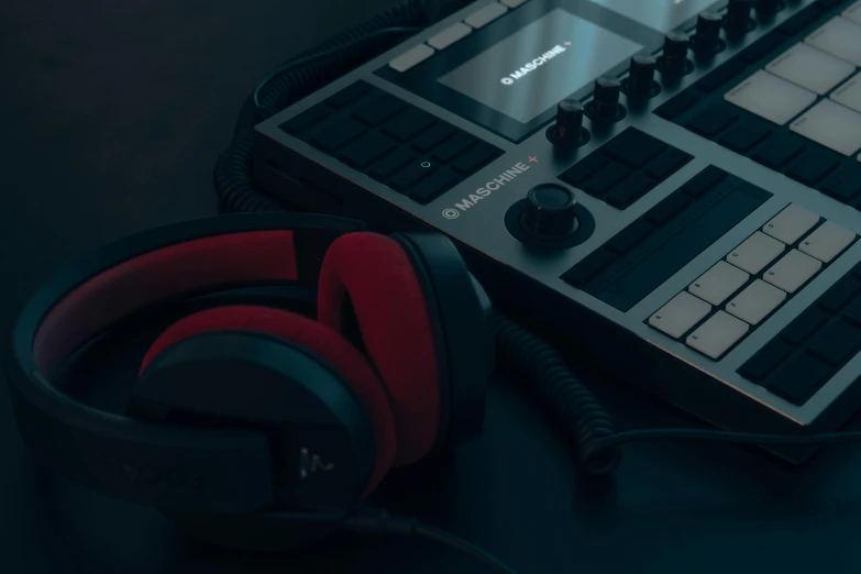 a close up of headphones sitting next to a controller