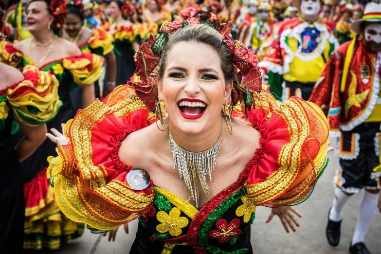 woman in traditional spanish costume performing on street