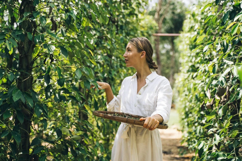 a woman with a wooden tray holding leaves