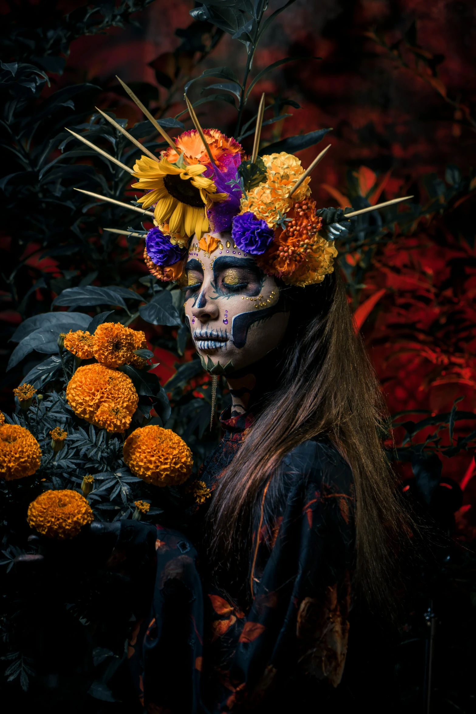 a woman with a painted face and floral decorations on her head