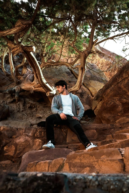 man in a blue shirt sits on rocks by trees