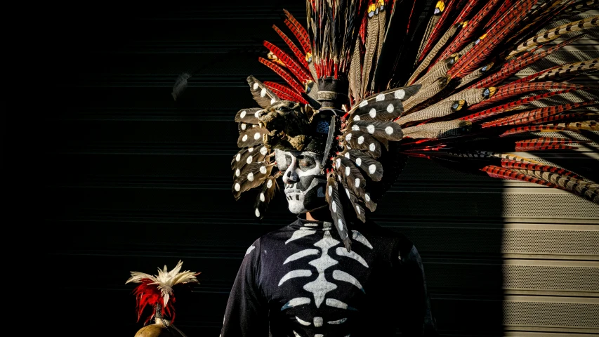 a native american warrior with mask and feathers on his head