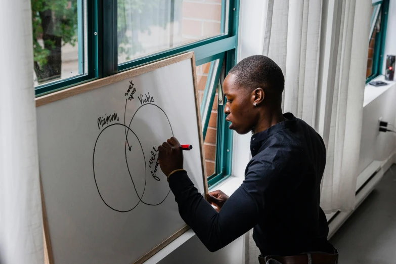 a man is looking out of an open window while drawing on a white board